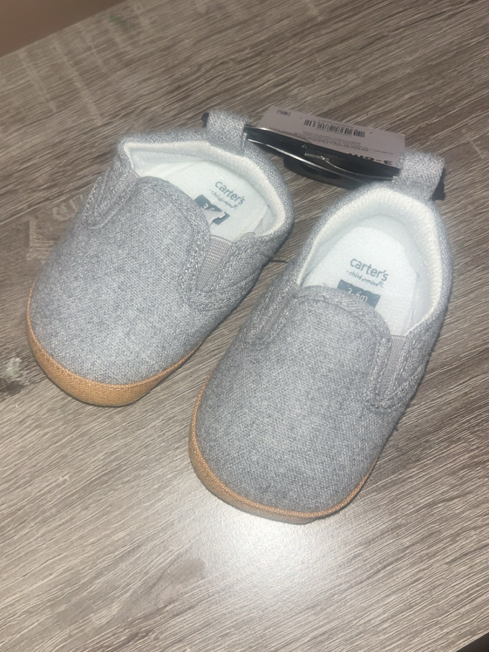Carter's Light Gray Slip-On Baby Shoes with Tan Outsole size 3-6 months